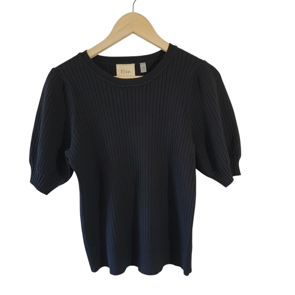 ELIE TAHARI Black Ribbed Knit Sweater Top Sz L Short Sleeve Crewneck Minimalist - Picture 12 of 12